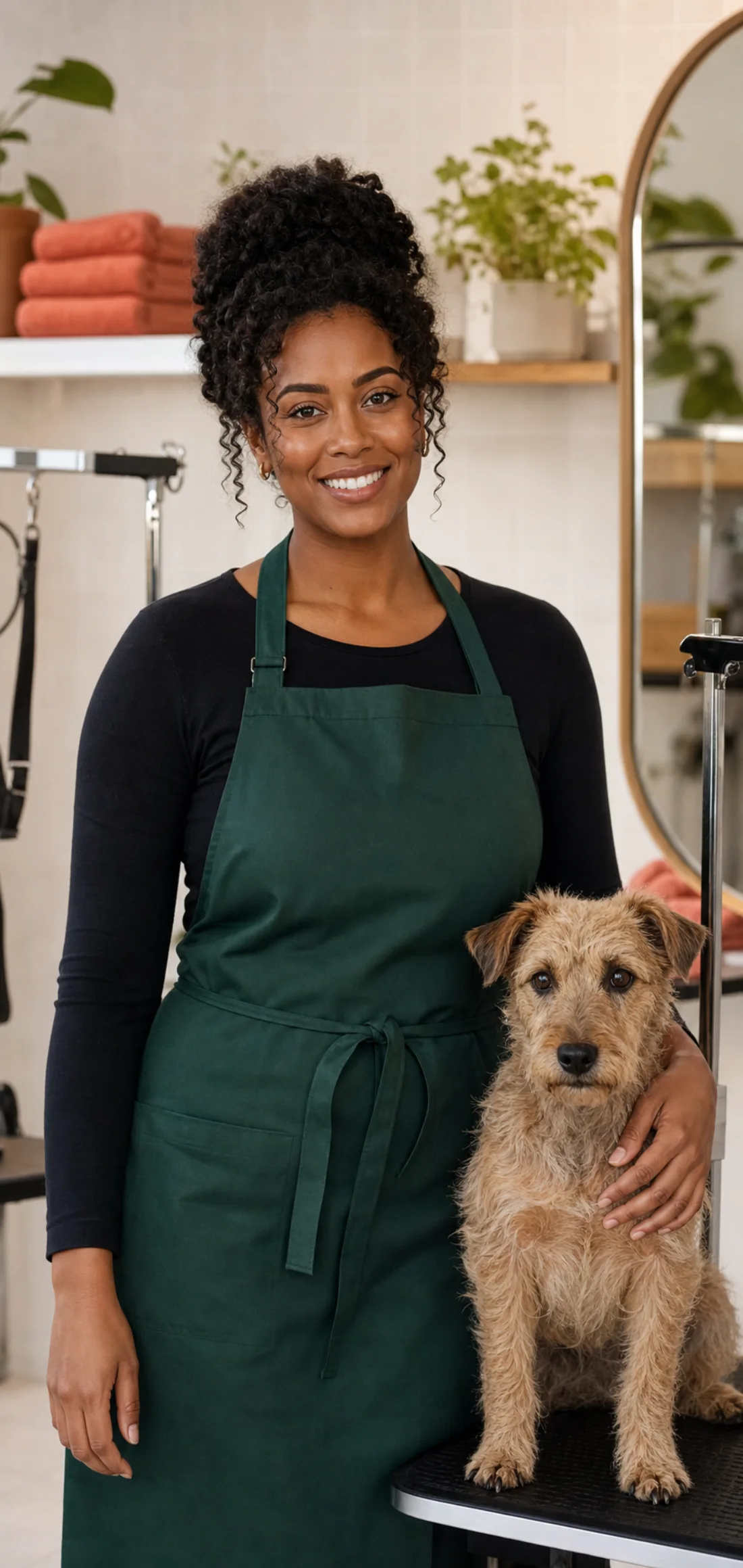 Fictional groomer Nia Carter with a wire-haired terrier